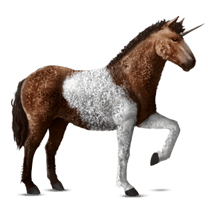 unicornio de montar rizado pío tobiano bayo